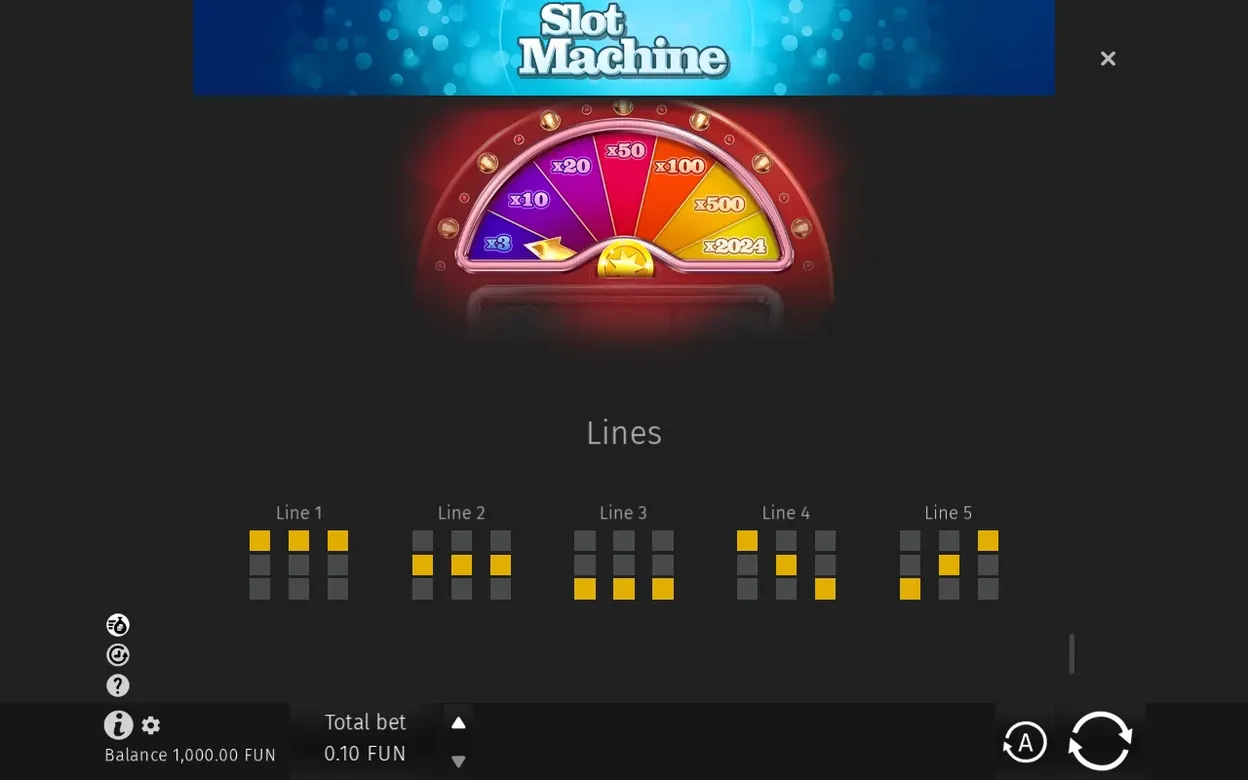 Bonusové kolo s multiplikátory x3 až x2024 nad diagramem pěti výherních linií Lines.