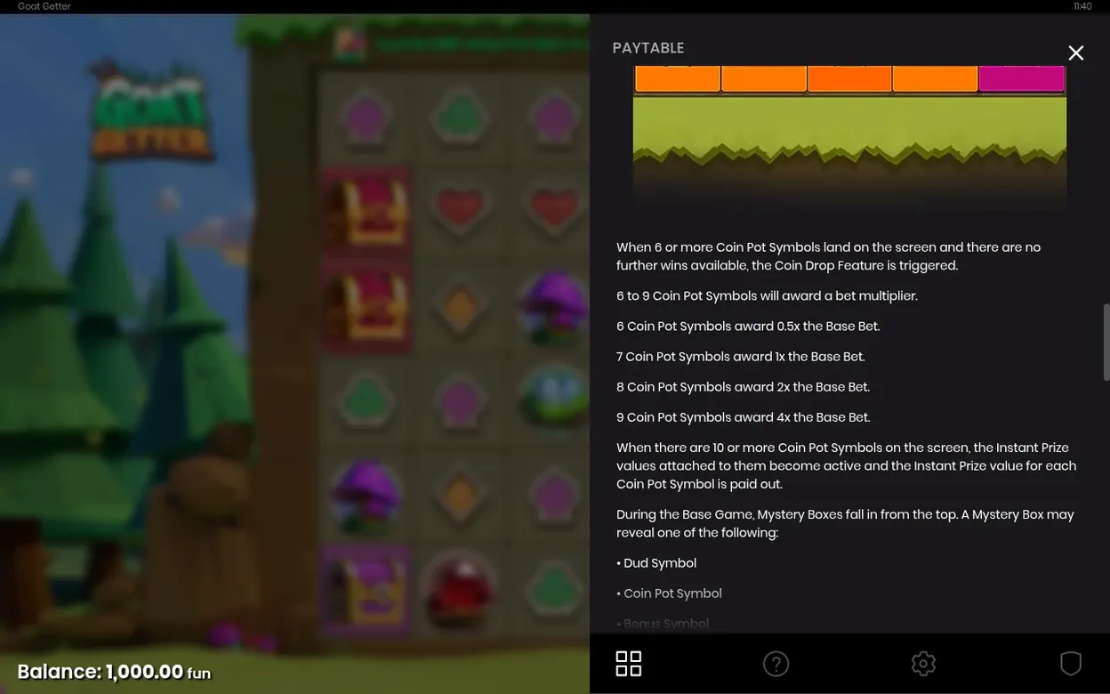 Tabulka výher popisuje funkci Coin Drop Feature s hodnotami 0.5x až 4x sázky.