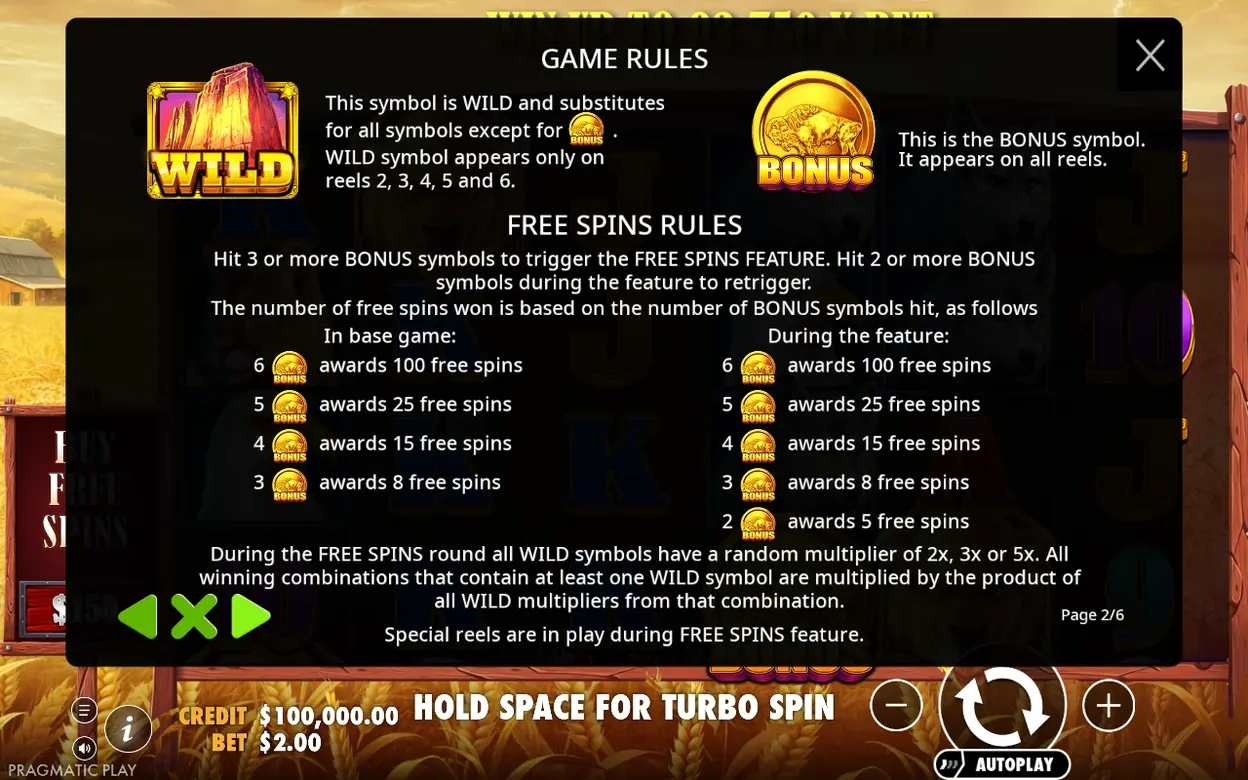 Stránka pravidel 2/6 vysvětluje symboly WILD a BONUS i tabulku počtu free spinů.
